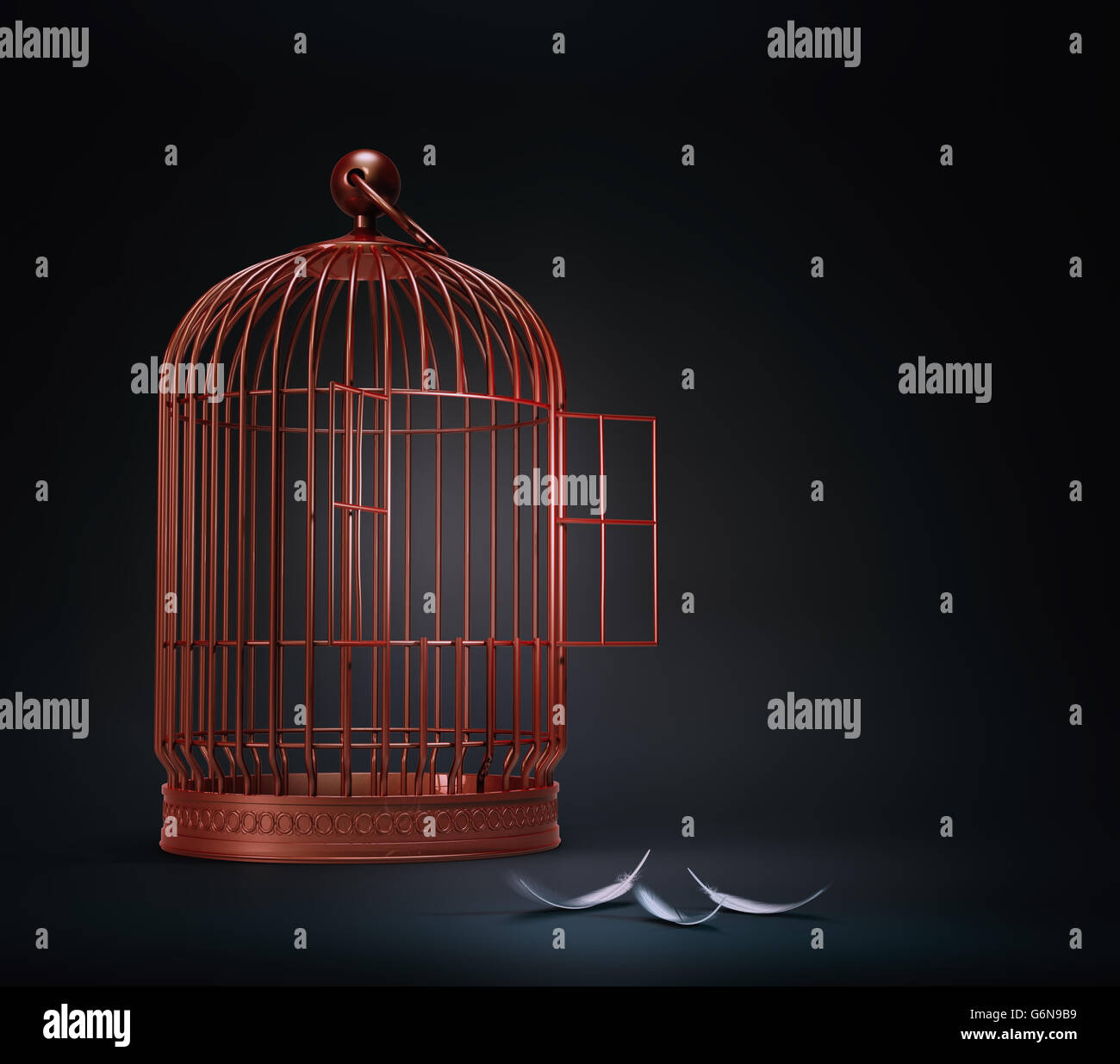 Un open bird cage con piume - concetto di libertà illustrazione Foto Stock