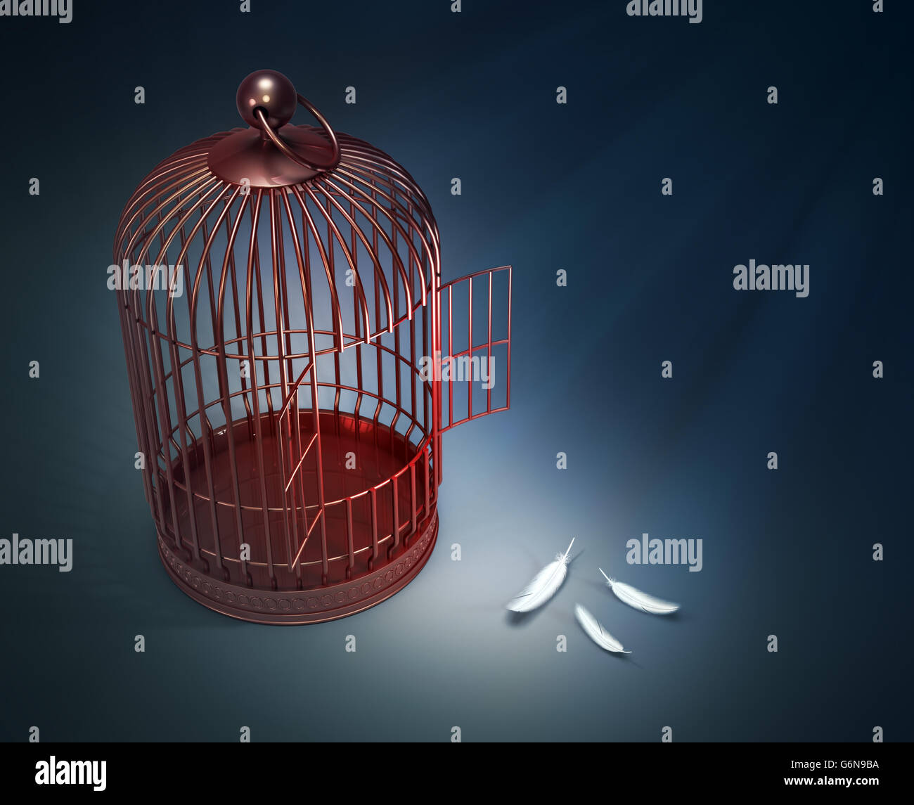 Un open bird cage con piume - concetto di libertà illustrazione Foto Stock
