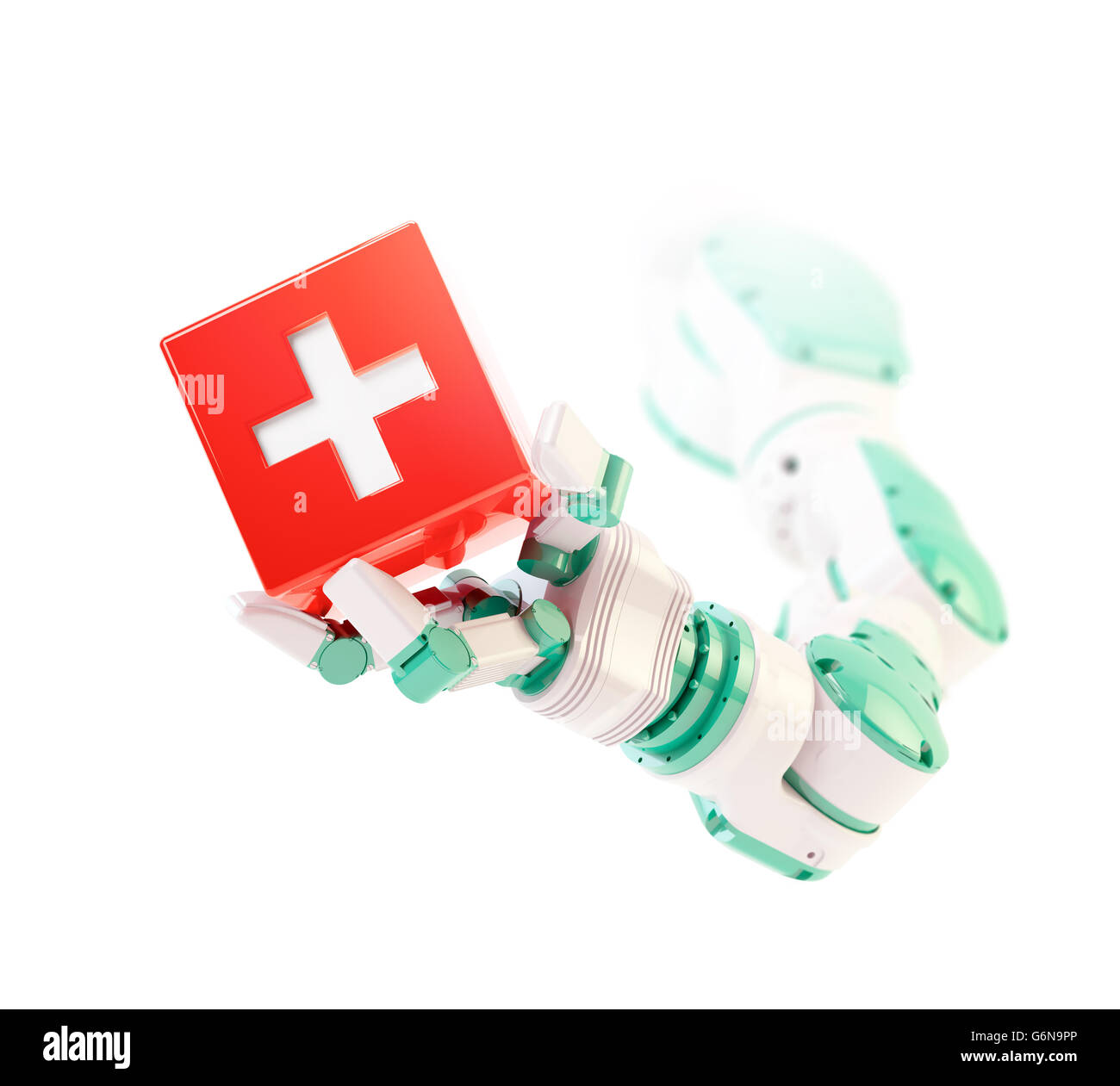 Il braccio di robot tenendo un simbolo di assistenza sanitaria - Automazione e robotica servizi sanitari concept 3D illustrazione Foto Stock