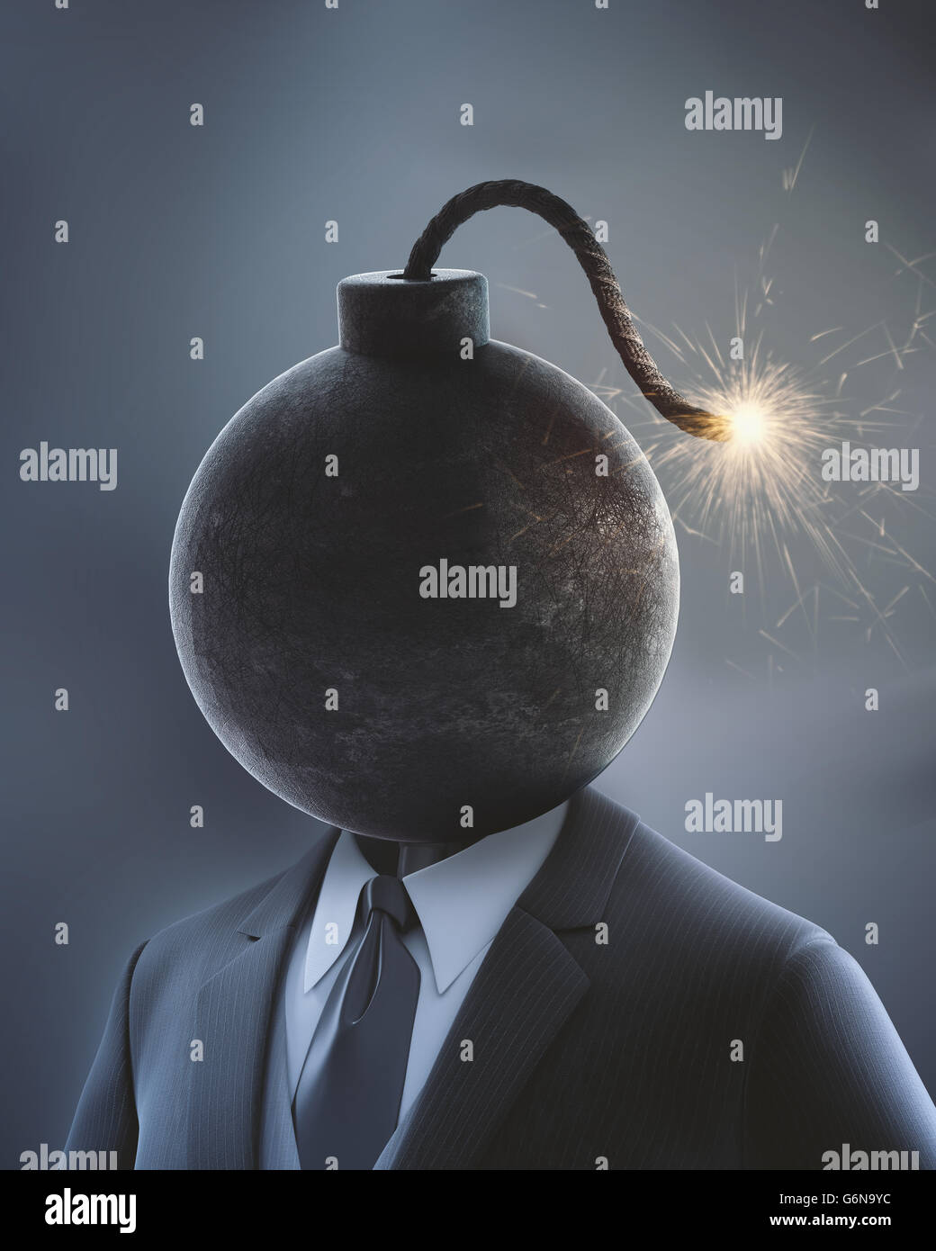 Imprenditore con una bomba al posto della sua testa con un fusibile di lit - 3D illustrazione Foto Stock