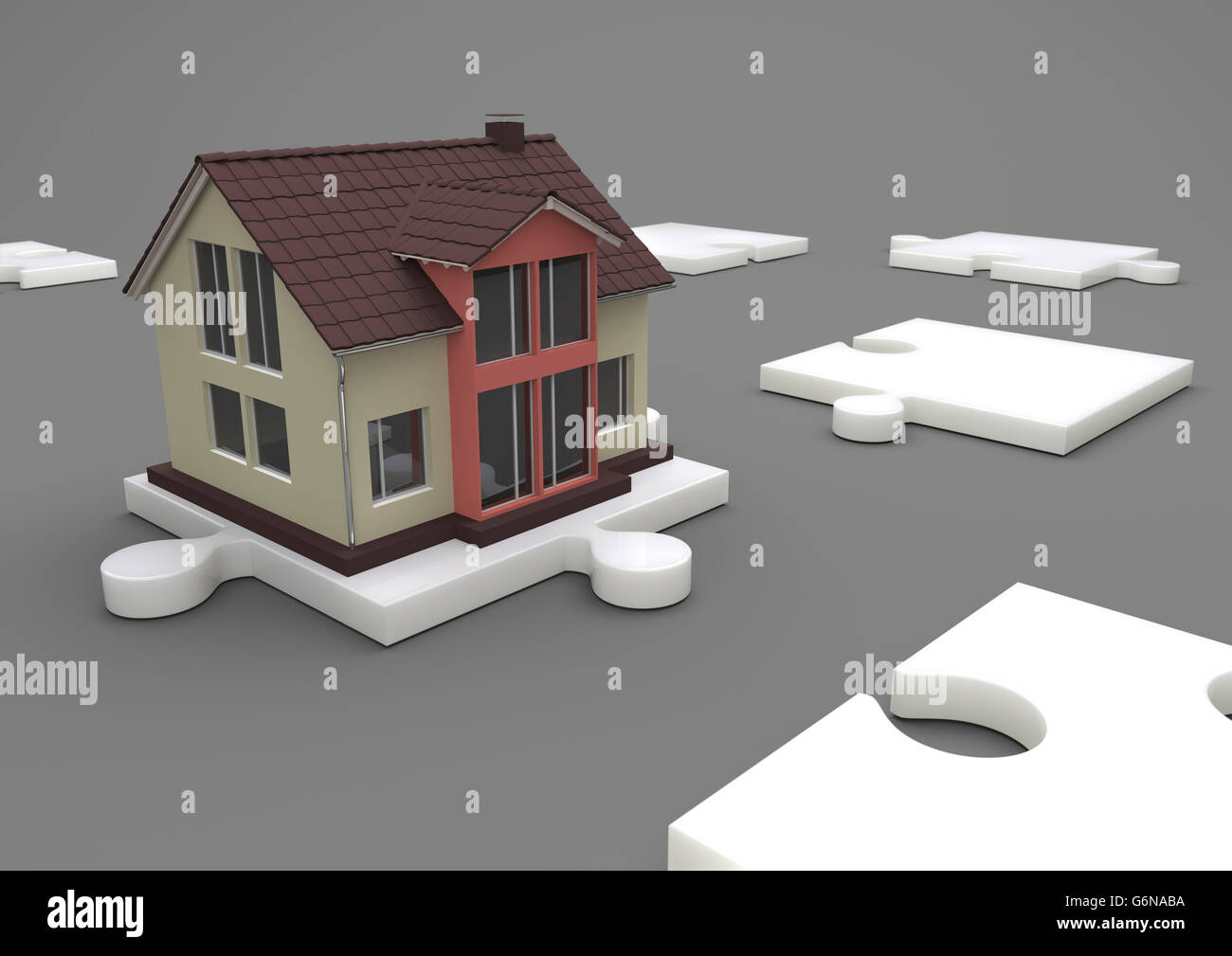 Illustrazione casa sullo sfondo bianco del puzzle, 3d-rendering Foto Stock