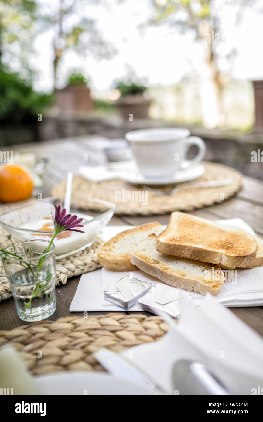 Pane, fiore, lo yogurt e la tazza di caffè sul tavolo da giardino Foto Stock