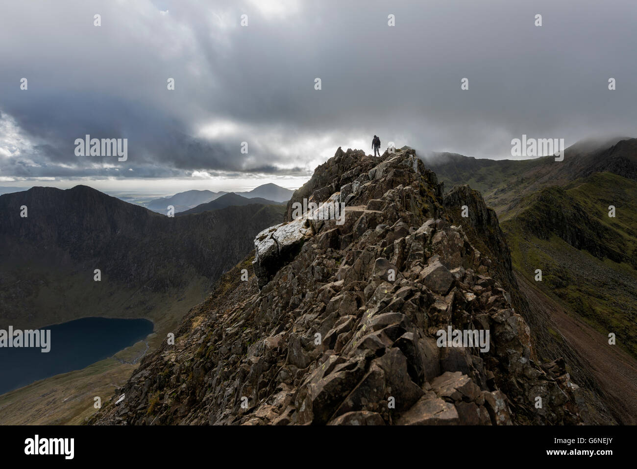 Il Regno Unito, il Galles del Nord, Snowdonia, Cwm Glas, Garnedd Ugain, Clogwyn y Parson, escursionista Foto Stock