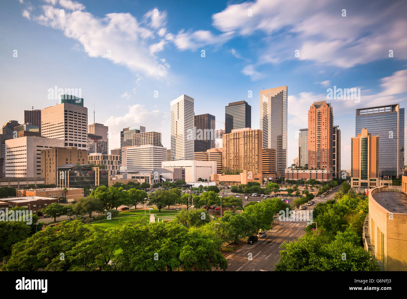 Houston, Texas, Stati Uniti d'America downtown city park e lo skyline. Foto Stock