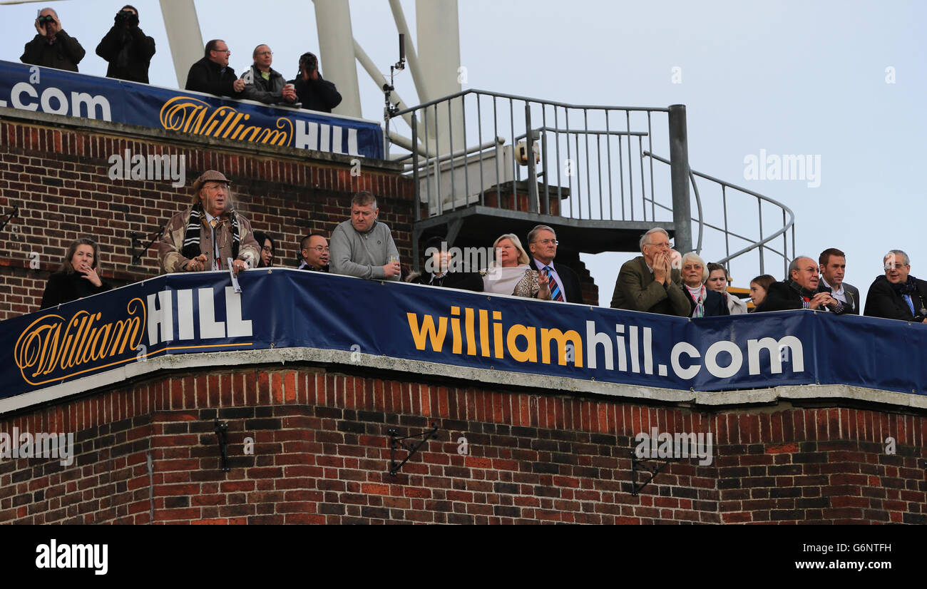 Corse di cavalli - Festival invernale di William Hill 2013 - giorno uno - Ippodromo di Kempton Park. John McCririck (prima fila, seconda a sinistra) che guarda le corse al Kempton Park durante il William Hill Winter Festival 2013 Foto Stock