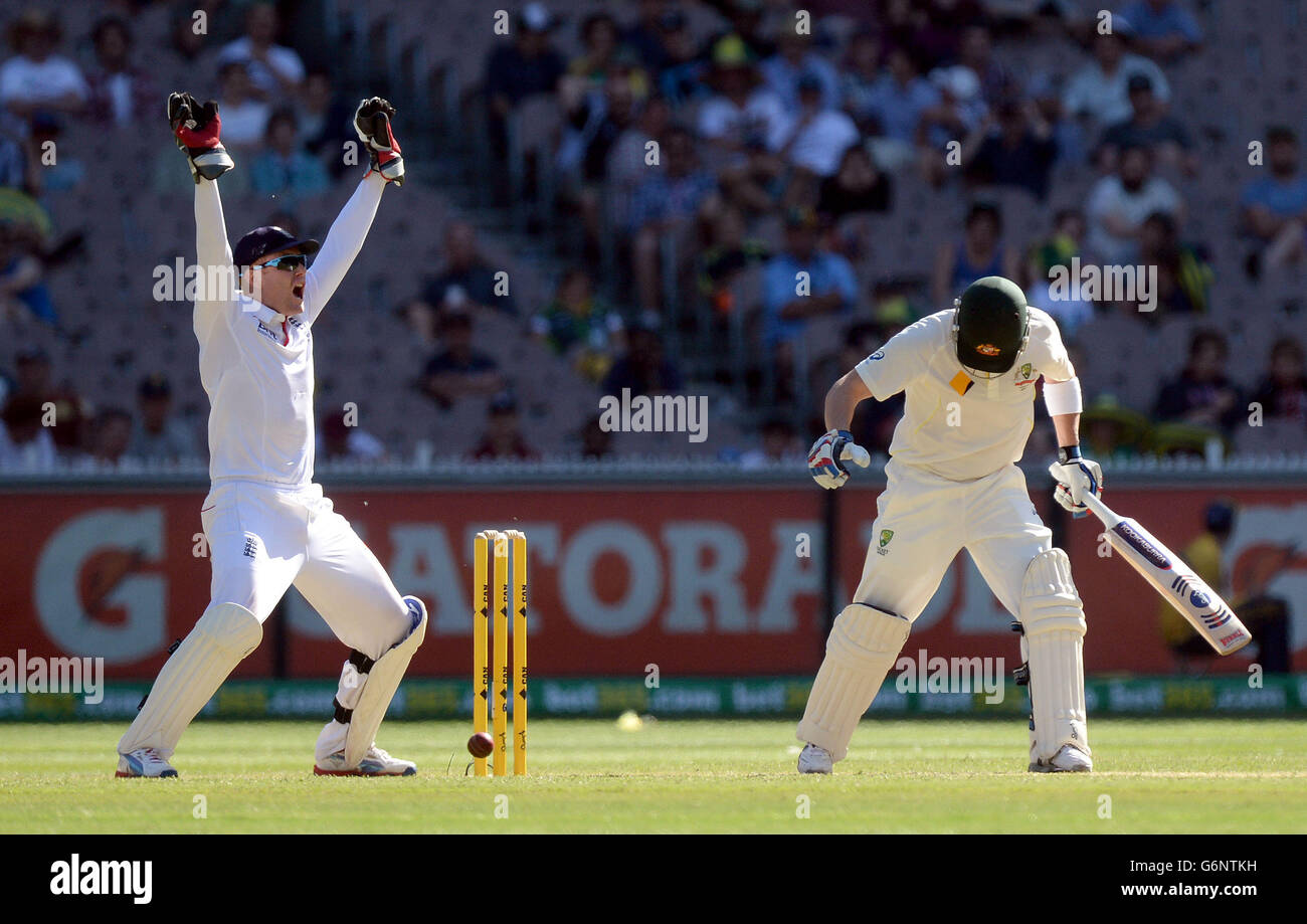 L'inglese Johnny Bairstow (a sinistra) si appella per il wicket del brad Haddin australiano (a destra) durante il secondo giorno del quarto test al MCG di Melbourne, Australia. Foto Stock