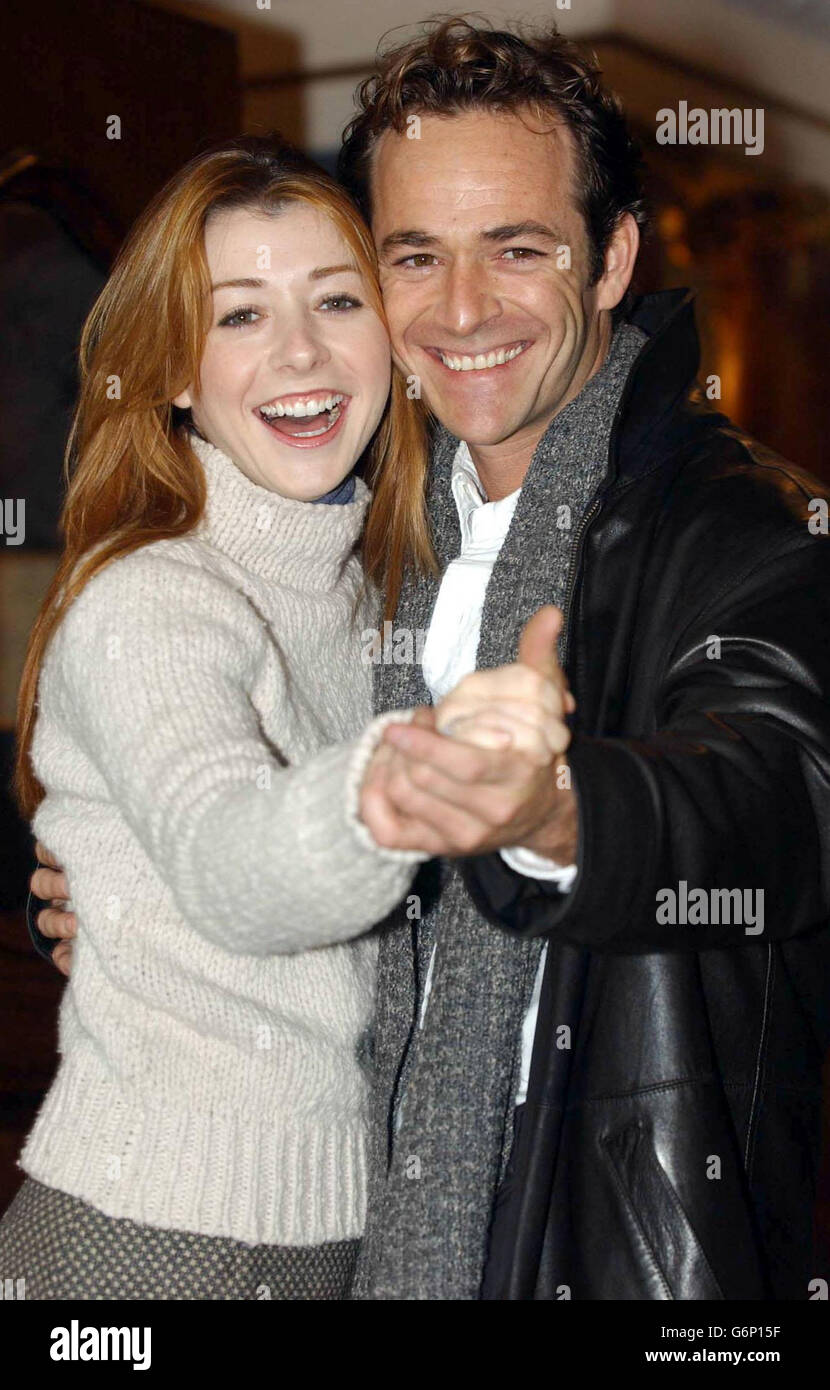 Gli attori Alyson Hannigan e Luke Perry posano per i fotografi durante una fotocellula e un lancio stampa per il loro nuovo adattamento di scena del film comico romantico del 1989 quando Harry ha incontrato Sally fuori dal Theatre Royal nel Hatmarket di Londra. La rappresentazione si apre a teatro il 20 gennaio. Foto Stock