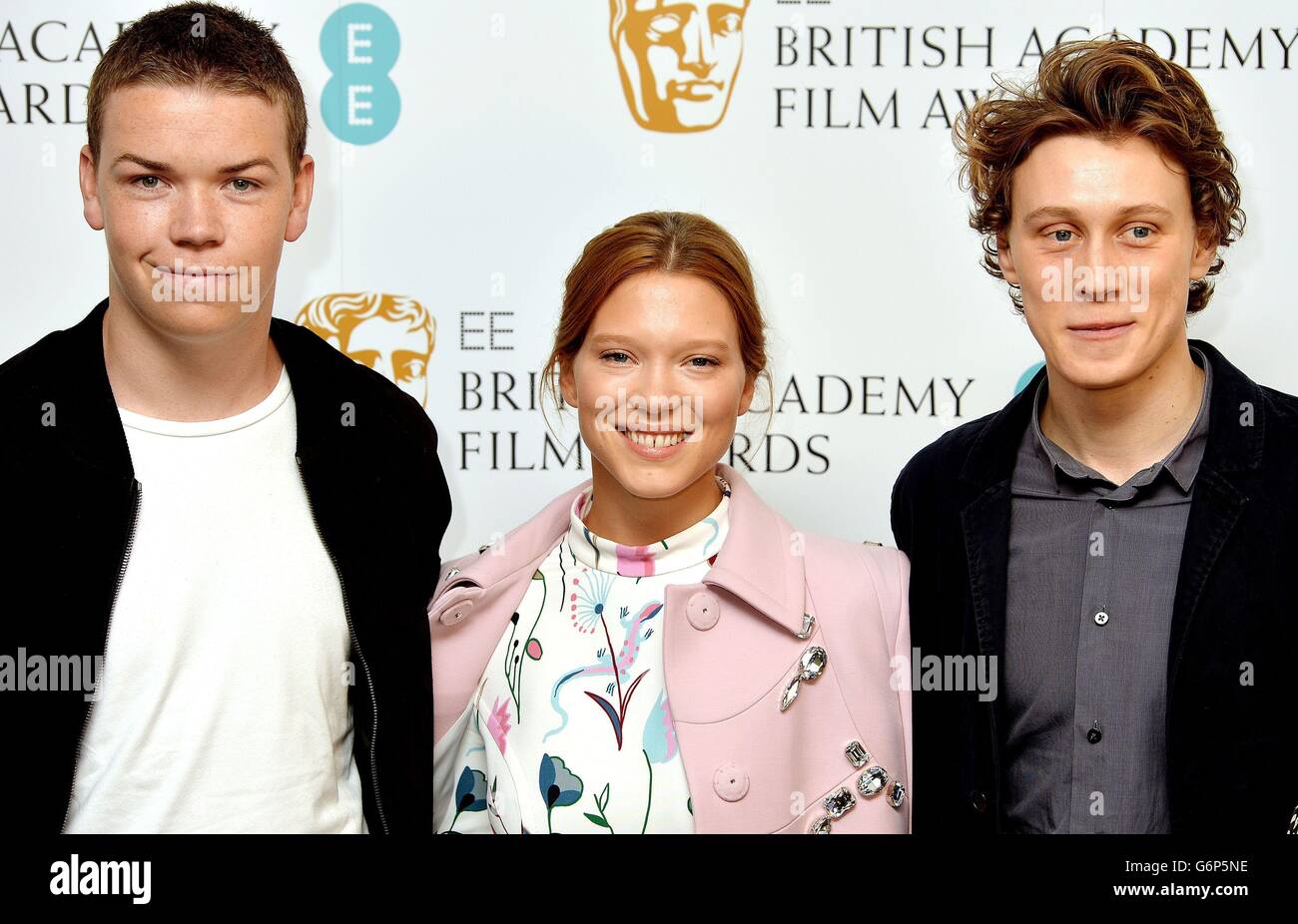 Da sinistra a destra) Poulter, Lea Seydoux e George MacKay alla conferenza  stampa BAFTA (British Academy of Film and Television Arts), per annunciarli  come tre dei cinque candidati per il premio EE
