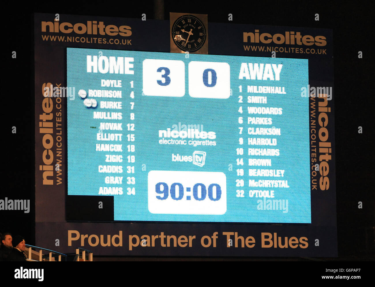 Calcio - fa Cup - terzo turno - Replay - Birmingham City / Bristol Rovers - St Andrew's. Il tabellone segnapunti di Birmingham City mostra la scoreline del 3-0 Foto Stock