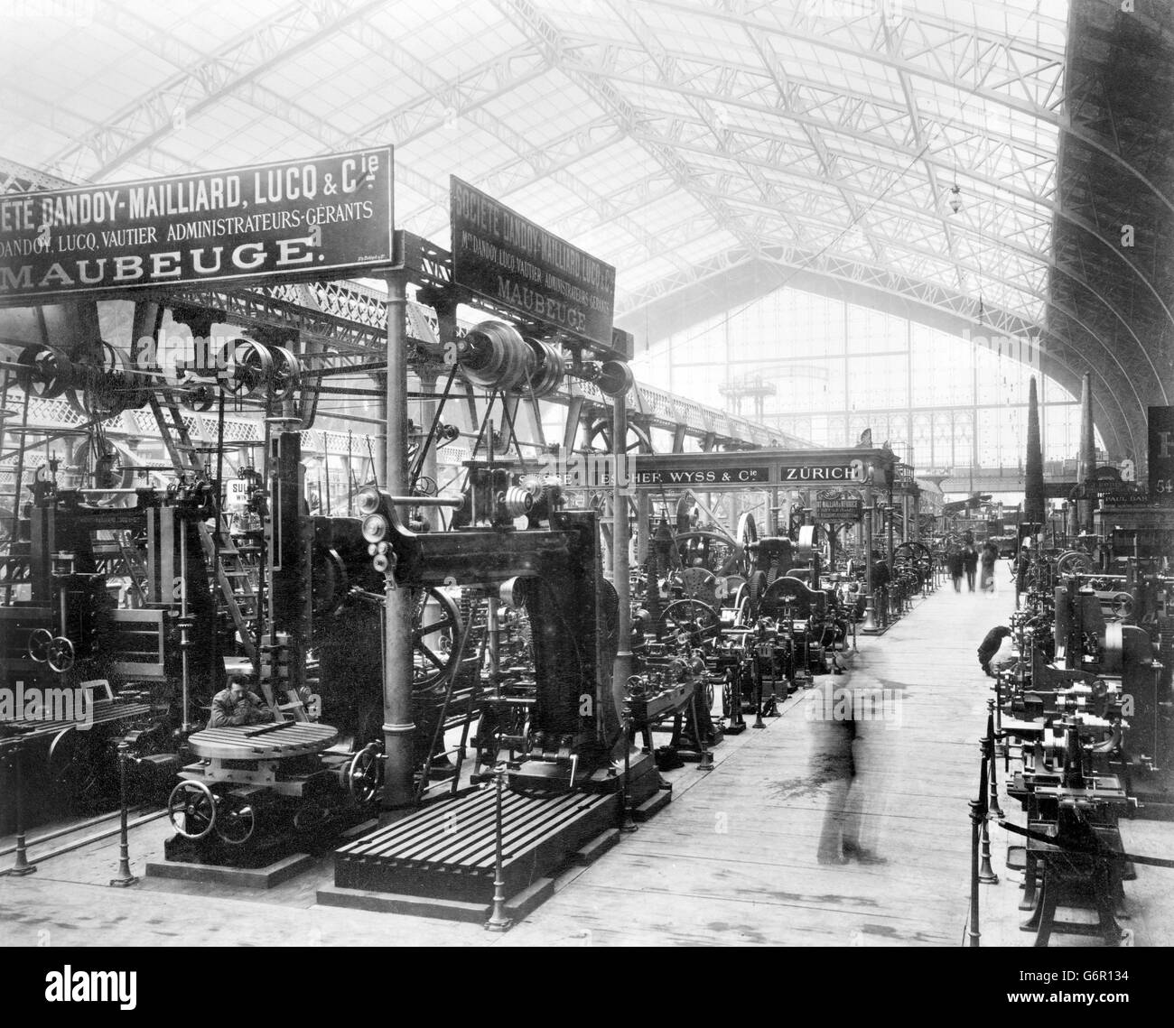 Esposizione di Parigi 1889. Vista interna della galleria di macchine, Exposition Universelle Internationale de 1889, Parigi, Francia. Foto Stock