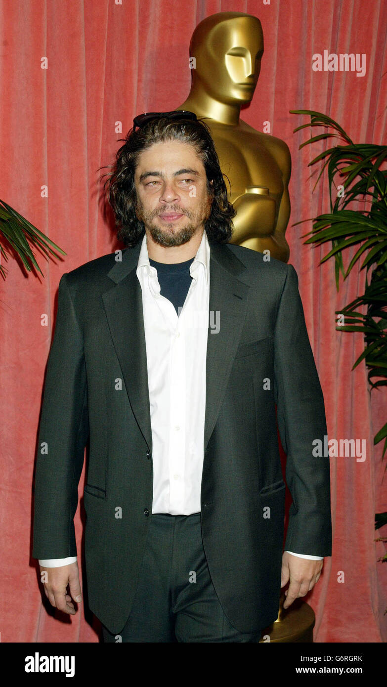 L'attore Benicio del Toro arriva a un luncheon degli Academy Awards che si tiene al Beverly Hilton di Beverly Hills, California. Foto Stock