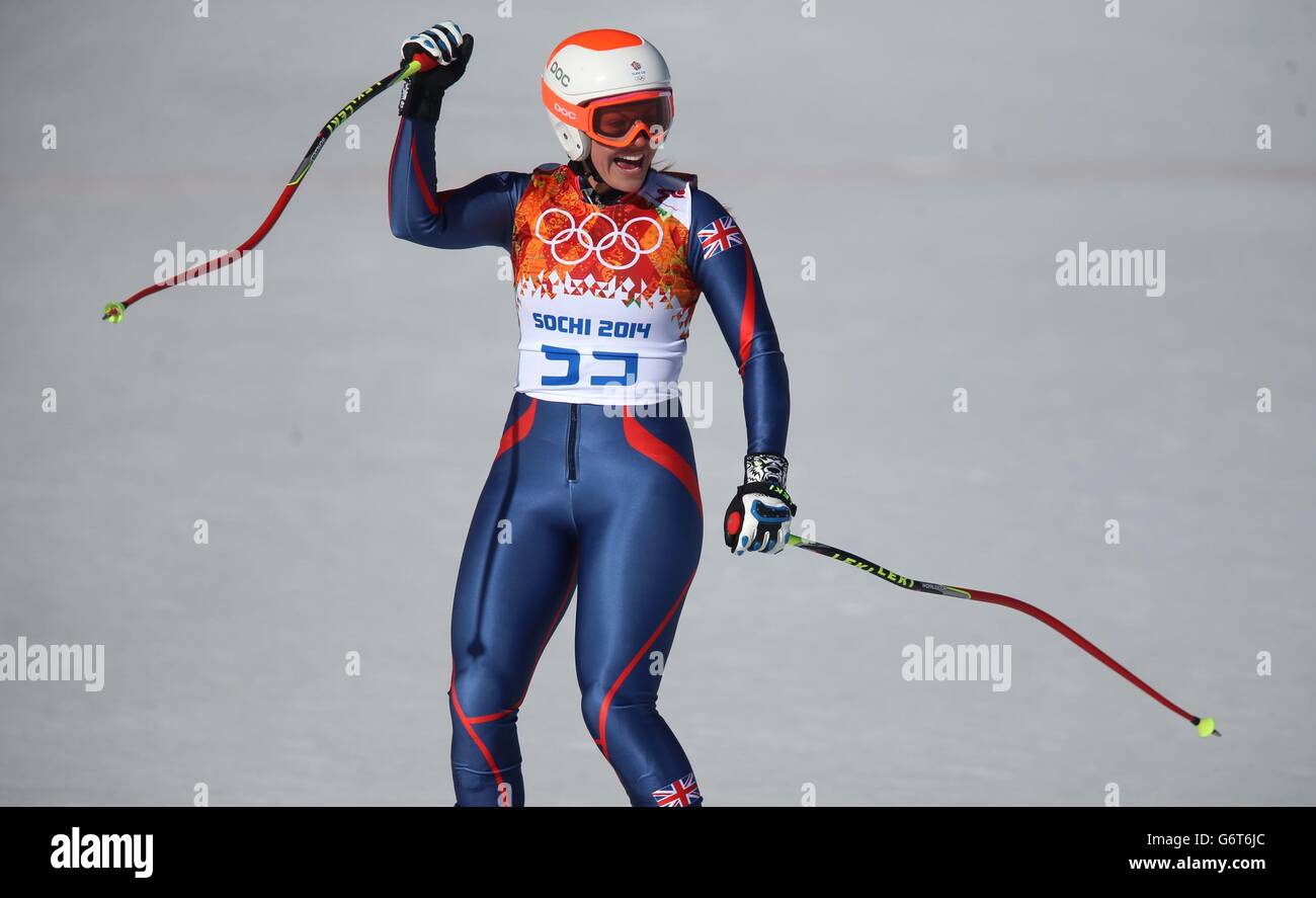 La Gran Bretagna Chemmy Alcott dopo aver completato la sua corsa nel Ladies' Downhill al Rosa Khutor Alpine Center durante i Giochi Olimpici di Sochi 2014 a Krasnaya Polyana, Russia. Foto Stock