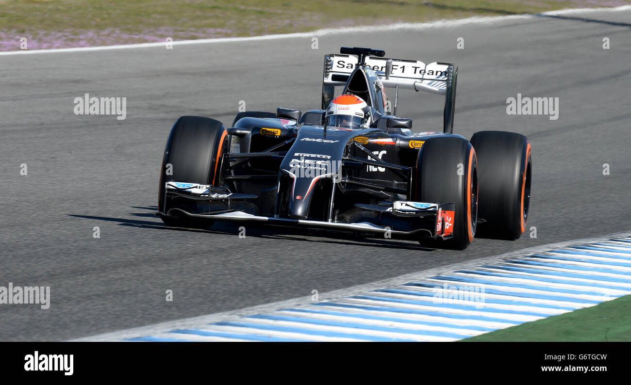 Il pilota della Sauber Adrian Sutil, durante i test di Formula uno 2014 al circuito di Jerez, Spagna. Foto Stock