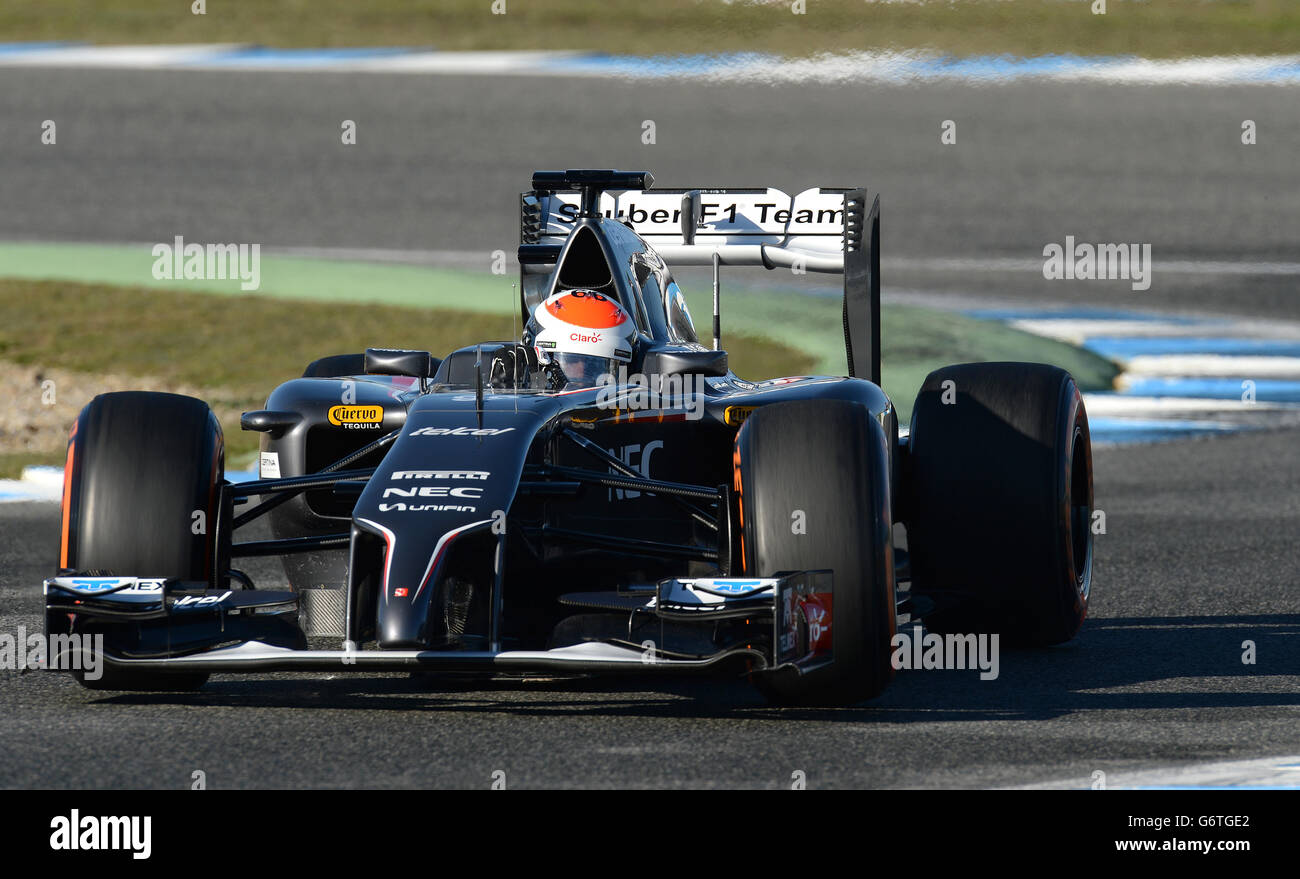 Il pilota della Sauber Adrian Sutil, durante i test di Formula uno 2014 al circuito di Jerez, Spagna. Foto Stock