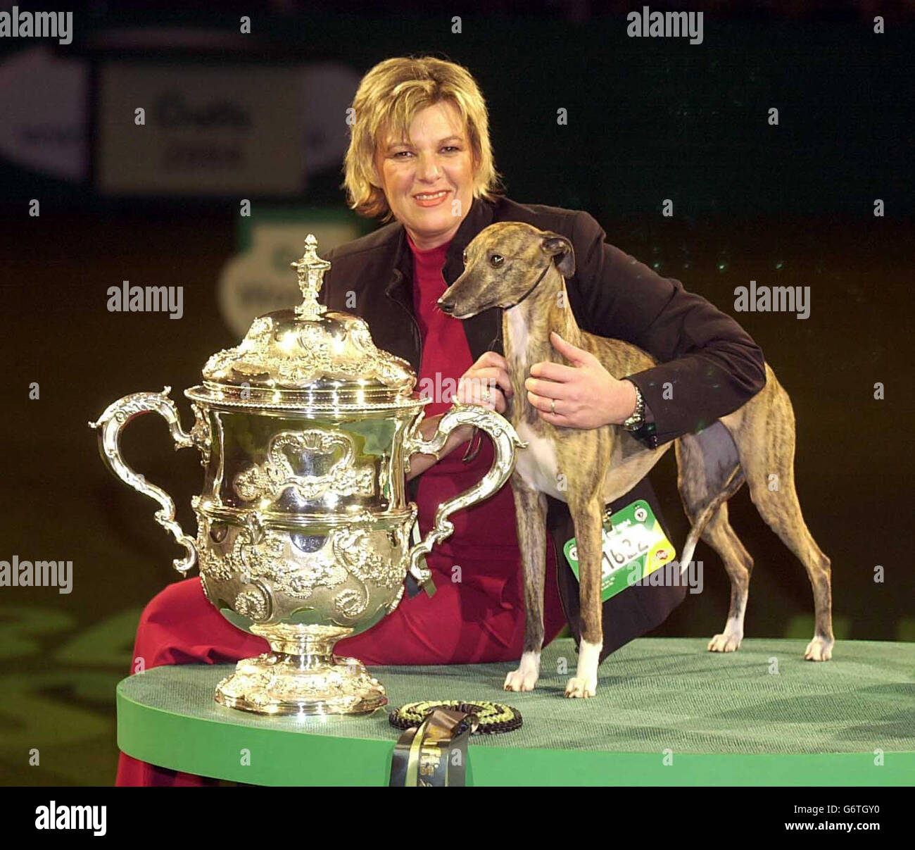 DeeDee the whippet, con il suo proprietario Lynne Yacoby-Wright di Mellor, Stockport, è stato nominato vincitore assoluto della 101a mostra Crufts al National Exhibition Centre di Birmingham. Il triennale, il cui nome è Cobyco Call the Tune, ha battuto altri sei concorrenti per vincere il concorso Best in Show - il titolo più prestigioso dell'evento di quattro giorni. Foto Stock