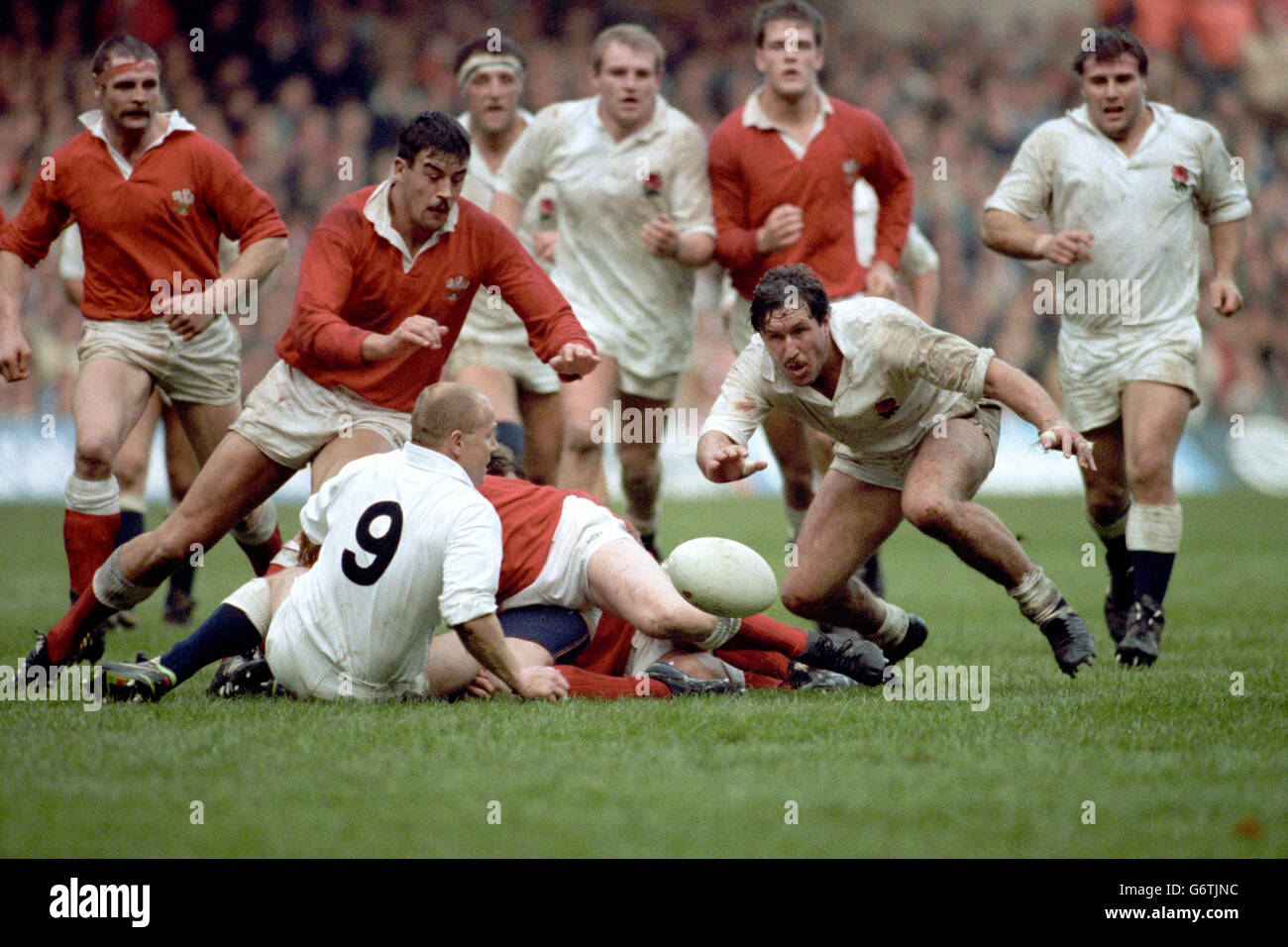 Five Nations - Rugby - Galles / Inghilterra - scrambling per possesso - al Cardiff Arms Park. Paul Arnold (Galles) Mike Teague (Inghilterra) Foto Stock