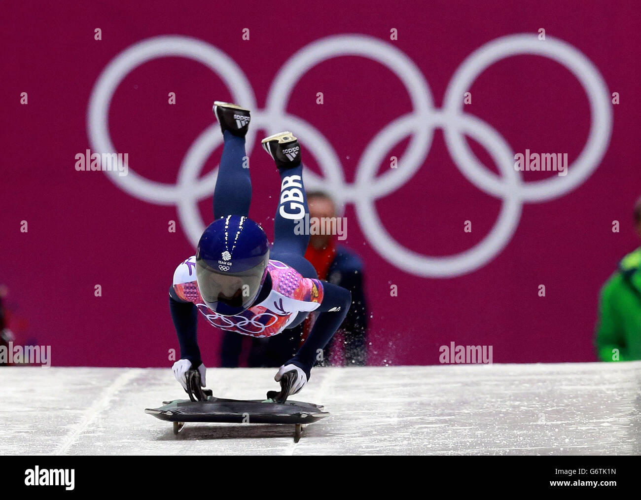 Giochi olimpici invernali di Sochi - 7° giorno. Shelley Rudman della Gran Bretagna compete nel Ladies Skeleton durante i Giochi Olimpici di Sochi del 2014 a Sochi, Russia. Foto Stock