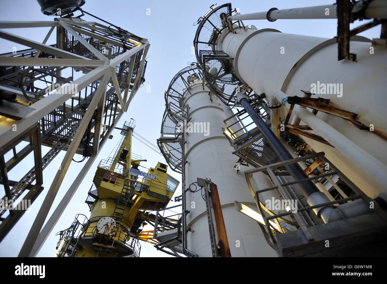 Una visione di parte della piattaforma BP Etap (Eastern Trough Area Project) nel Mare del Nord, a circa 100 miglia ad est di Aberdeen, Scozia, mentre David Cameron visitava la piattaforma petrolifera e del gas mentre il fulcro del dibattito sull'indipendenza scozzese si era spostato verso il futuro della produzione del Mare del Nord. Foto Stock