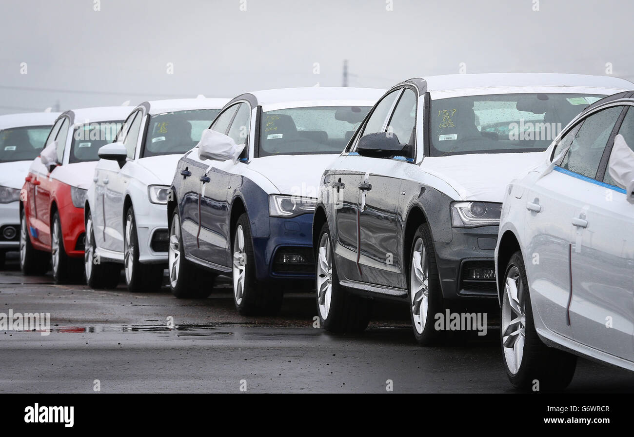 Nuove vetture in un compound a Sheerness, Kent, prima dell'inizio di domani della targa di immatricolazione 2014, mentre le vendite di nuove auto continuano a rimanere in buona salute. Data immagine: Venerdì 28 febbraio 2014. Il credito fotografico dovrebbe essere: Gareth Fuller/PA Wire Foto Stock