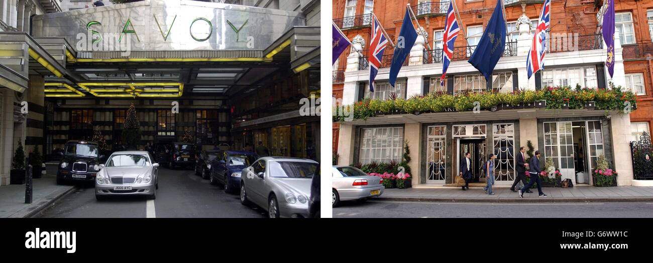 The Savoy (a sinistra) e Claridge's - due dei quattro hotel più conosciuti di Londra che devono essere acquistati da un gruppo di investitori guidati da Quinlan Private, un gruppo di consulenza e investimento immobiliare con sede in Irlanda in una trattativa di 750 milioni di euro. L'accordo proposto comprende anche il Berkley e il Connaught. Foto Stock
