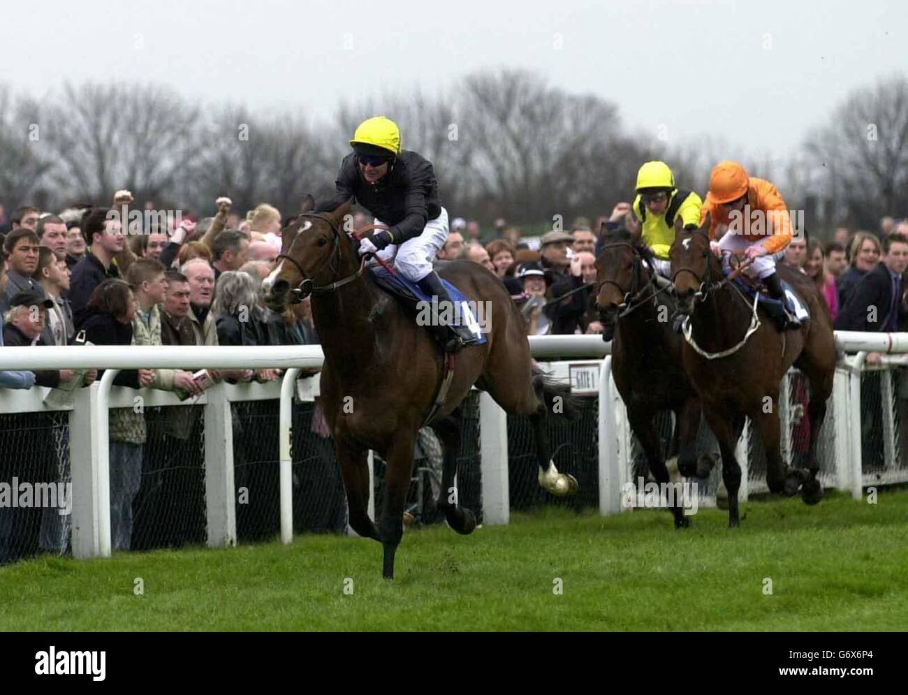 Il dono divino (L) guidato da Philip Robinson, conduce il campo sulla sua strada per vincere la Mitsubishi Diamond Vision Conditions Stakes a Doncaster. Foto Stock