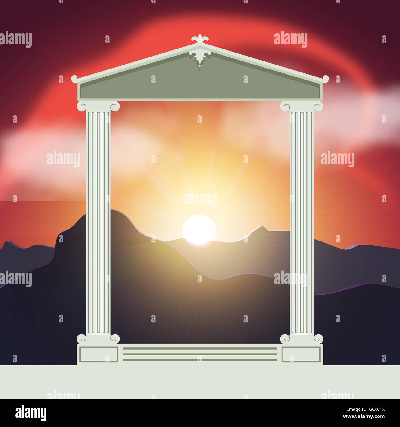 Antico tempio al tramonto sullo sfondo. Foto Stock