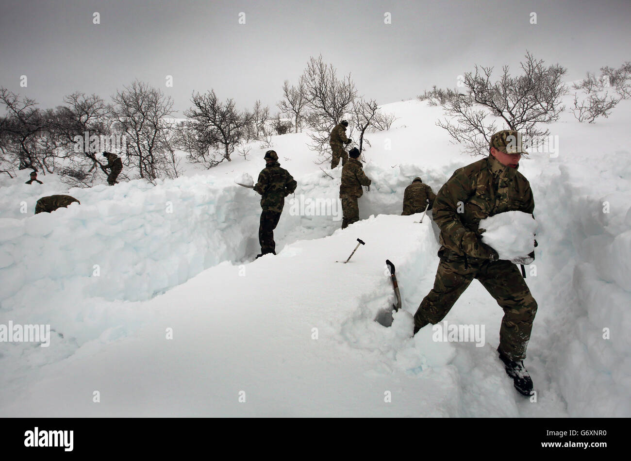 11/03/14 Reservist marini che fanno una tenda e un campo di buco di neve nelle colline di Harstad, Norvegia settentrionale, nel Circolo polare Artico come parte del loro allenamento di sopravvivenza a clima freddo dura due settimane. Foto Stock