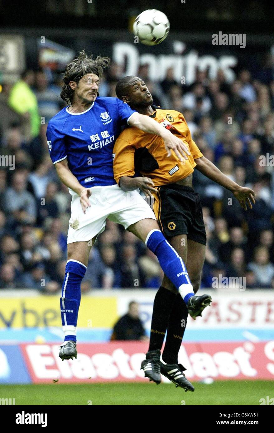 Wolverhampton Wanderers' Carl Cort (a destra) combatte per la palla contro Alessandro Pistone di Everton durante il Barclaycard Premiership Match a Molineux, Wolverhampton Sabato 1 maggio 2004. Foto Stock