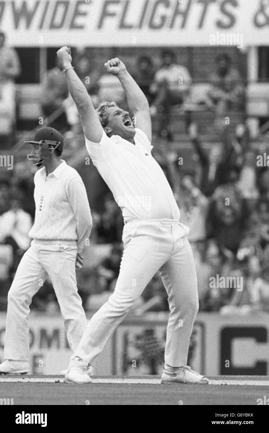 Un ritorno trionfante al cricket di prova per l'Inghilterra tutto-rounder Ian Botham, come solleva le sue braccia dopo aver perso la Nuova Zelanda Jeff Crowe di diventare il più alto wicket taker nella storia di test con 356 vittime. Foto Stock