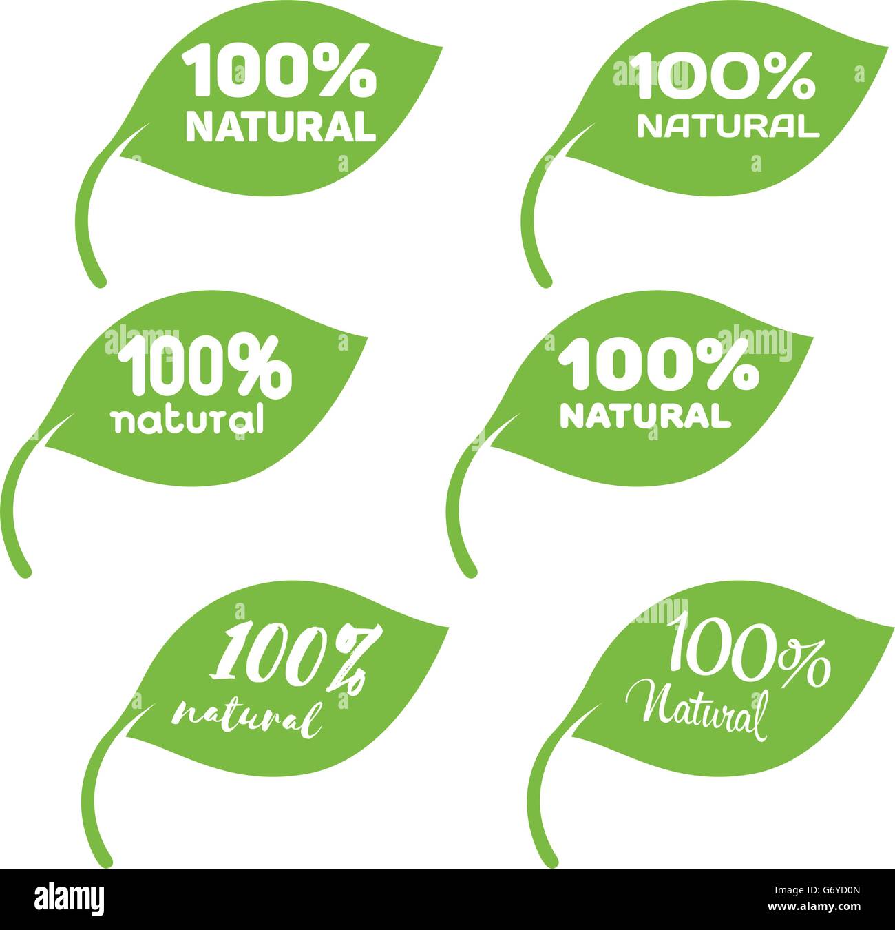 Foglia verde con scritta bianca. 100% prodotto naturale set di icone. Illustrazione Vettoriale