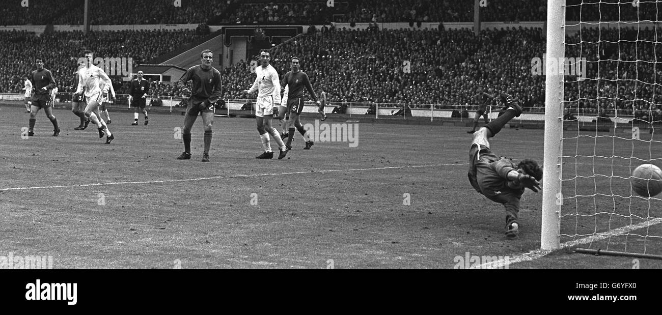 Espressione incappata sul volto del portiere del Chelsea, Peter Bonetti, battuto da un colpo da Saul di Tottenham Hotspur (non nella foto) per il secondo goal di Spur durante la finale della fa Cup a Wembley, vinto da Spurs 2-1. Foto Stock