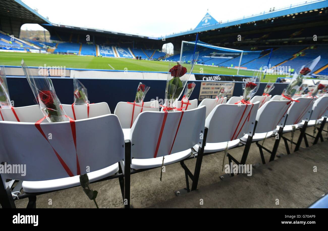 96 posti blu al Lepping Lane End di Hillsborough sono sostituiti da 96 posti bianchi per rappresentare i 96 tifosi di Liverpool morti al disastro di Hillsborough, sono visti prima della partita del campionato Sky Bet a Hillsborough, Sheffield. Foto Stock