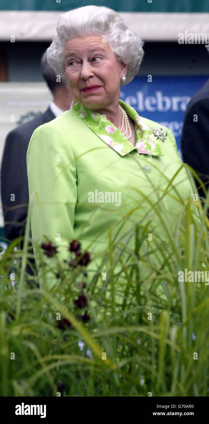 La Regina Elisabetta II è esposta ai giardini esposti al Chelsea Flower Show di Londra. Circa 600 espositori parteciperanno alla fiera di vendita di questa settimana al Royal Hospital di Chelsea, con 105 esposizioni floreali, 40 giardini e 15 esposizioni didattiche che contendono medaglie. Foto Stock