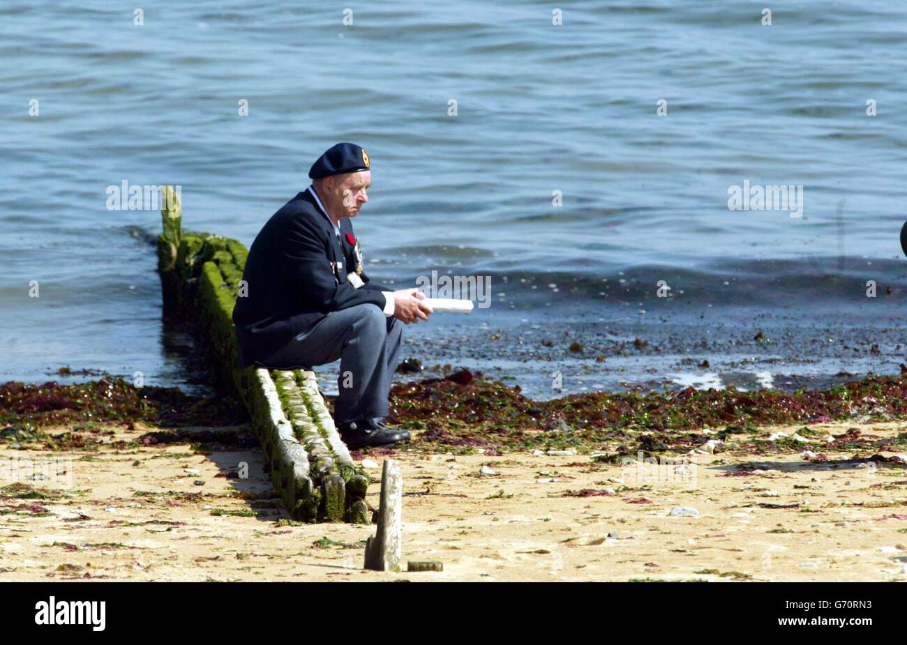 Un veterano siede sulle sabbie di Juno Beach in Normandia, a nord ovest di Farnce. In una cerimonia che si affacciava sulla spiaggia di Courseulles-sur-Mer, una delle cinque utilizzate per gli sbarchi del D-Day, alla Regina Elisabetta II si unì il primo ministro canadese Paul Martin e il governatore generale Adrienne Clarkson per rendere omaggio alle 14,000 truppe canadesi che hanno combattuto insieme ai loro compagni britannici e americani il 6 giugno, 1944. Foto Stock