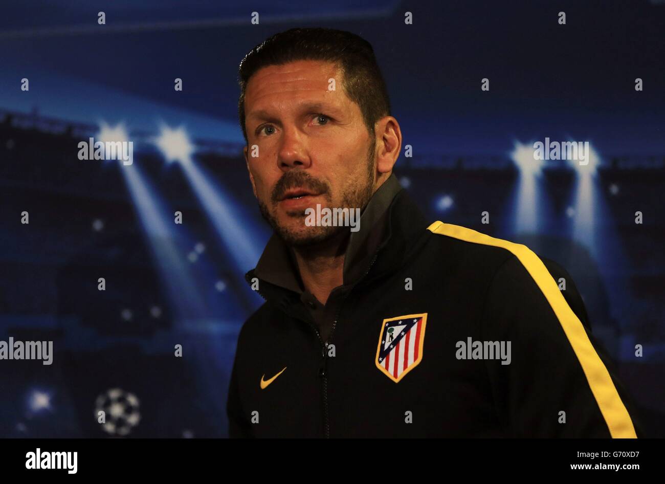 Calcio - UEFA Champions League - Semifinale - seconda tappa - Chelsea / Atletico Madrid - Atletico Madrid Press Conference and T... L'Atletico Madrid allenatore Diego Simeone durante una conferenza stampa allo Stamford Bridge, Londra. Foto Stock