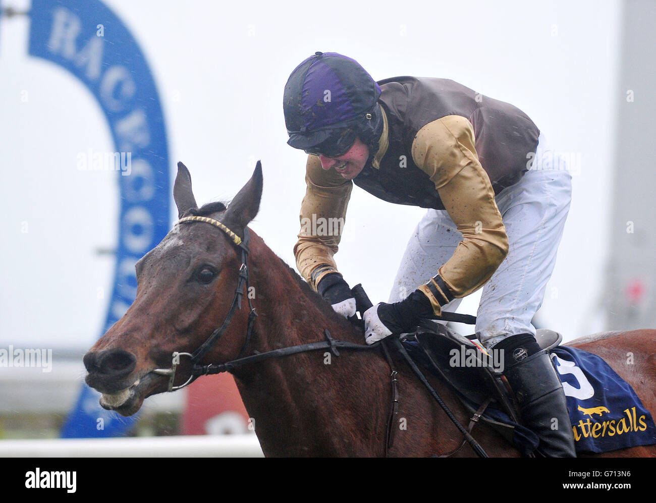 Jockey Mark Lynch sorride mentre guida Moon Racer alla vittoria nei Tattersalls Ireland George Mernagh Memorial Sales Bumper durante il Powers Gold Cup Day al Fairyhouse Racecourse, County Meath. Foto Stock