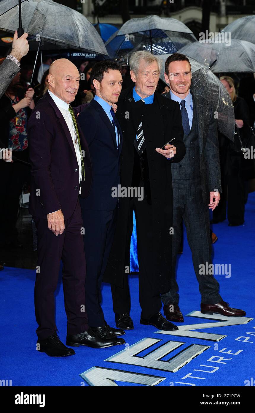 (Da sinistra a destra) Patrick Stewart, James McAvoy, Sir Ian McKellen e Michael Fassbender arrivano alla prima britannica degli X-Men Days of Future, al West End Odeon, Leicester Square, Londra. Foto Stock