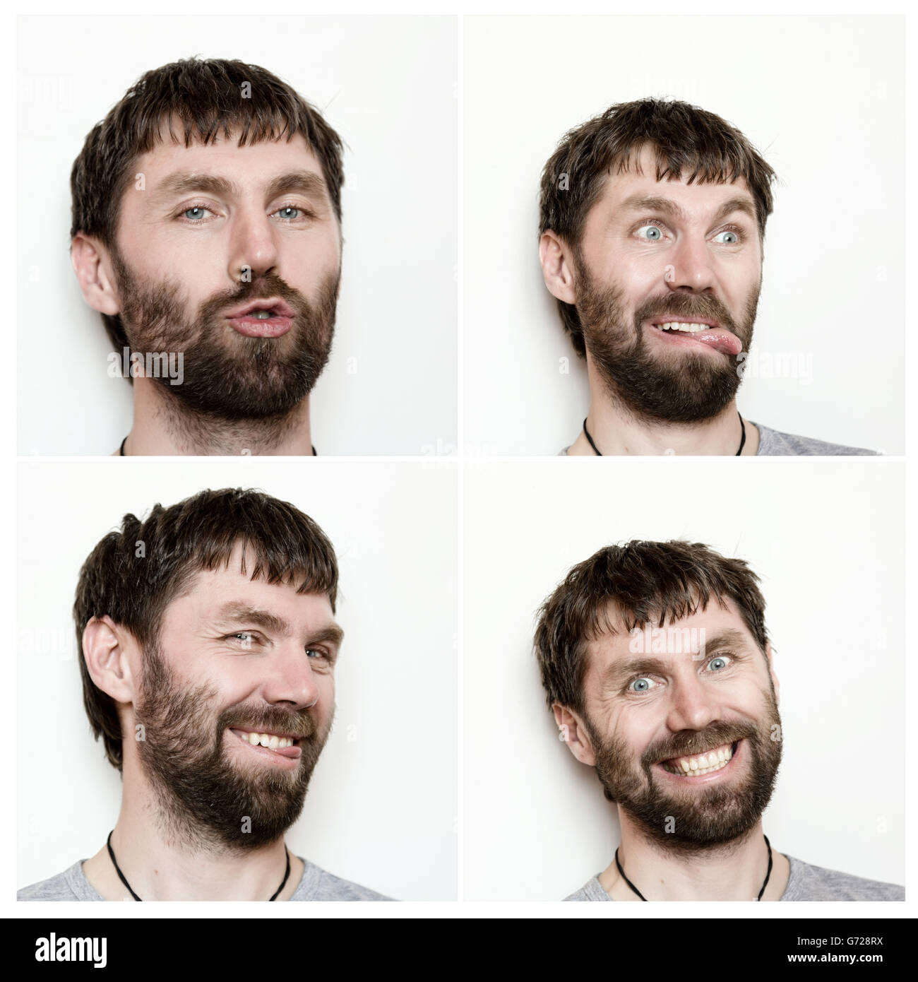 Composizione delle diverse espressioni del giovane uomo barbuto Foto Stock