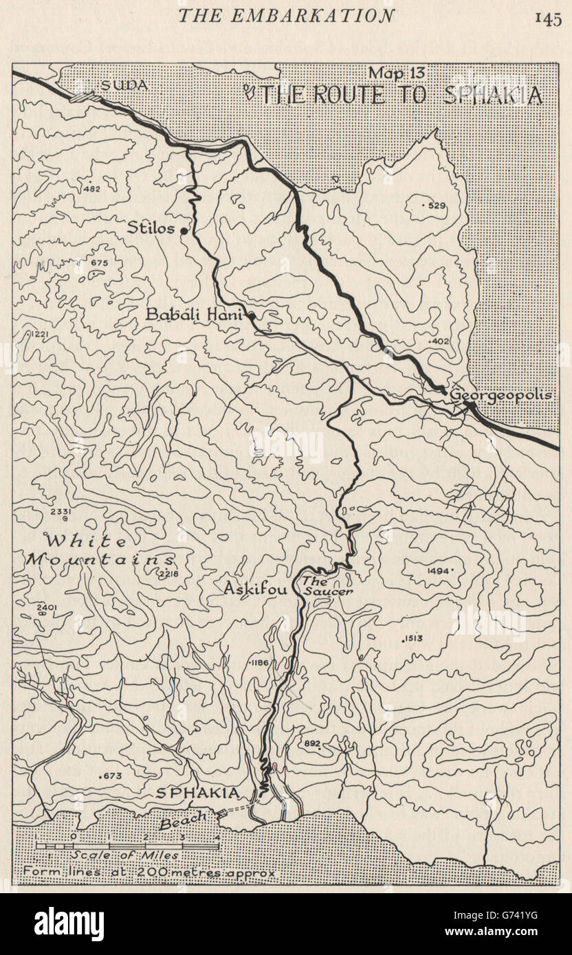 Battaglia di creta 1941. Il percorso di Sphakia. La Grecia. Guerra Mondiale 2, 1956 mappa vecchia Foto Stock