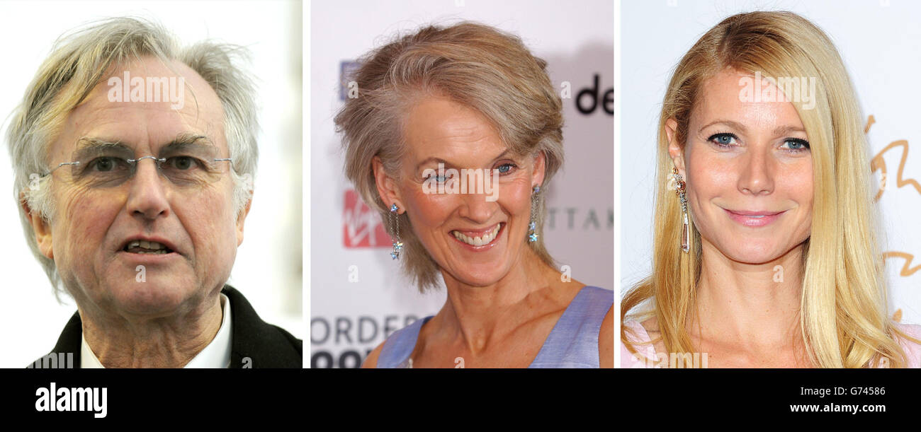File foto (da sinistra) del professor Richard Dawkins, Joanna Trollope e Gwyneth Paltrow. Foto Stock