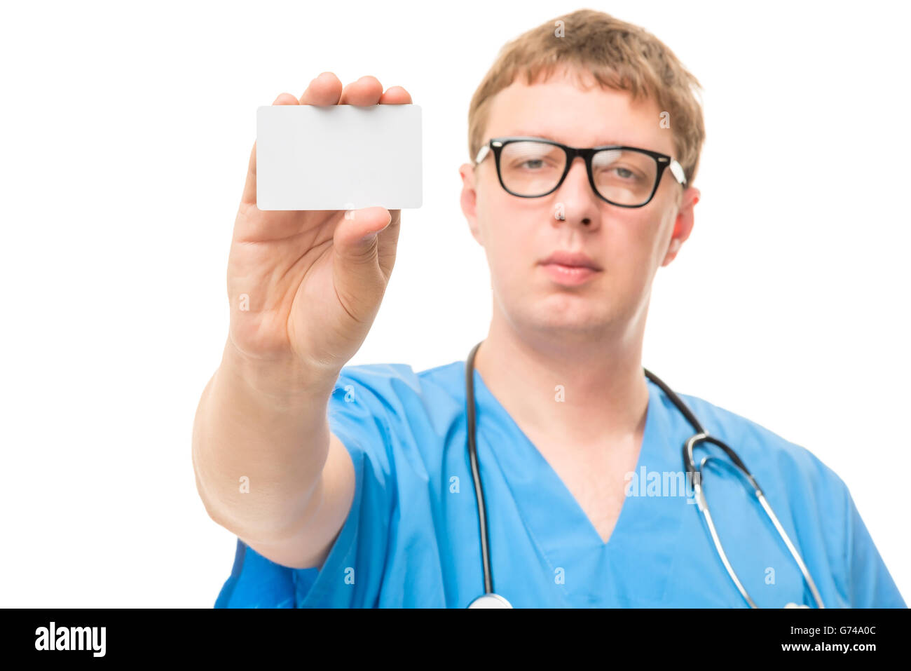 Medico maschio mostra un piccolo vuoto per la pubblicità di concentrarsi sulla mano Foto Stock