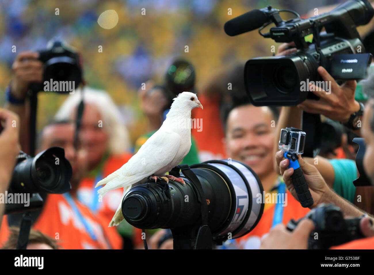 Una colomba bianca rilasciata prima del gioco si trova su un obiettivo della telecamera all'Arena Corinthians Foto Stock