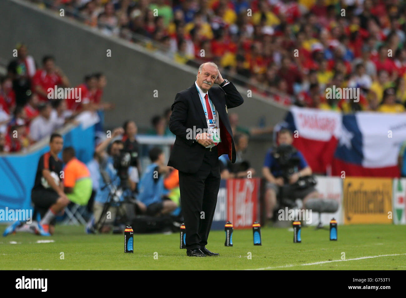 Il direttore spagnolo Vicente del Bosque reagisce al suo fianco scendendo 1-0 sulla linea di contatto Foto Stock