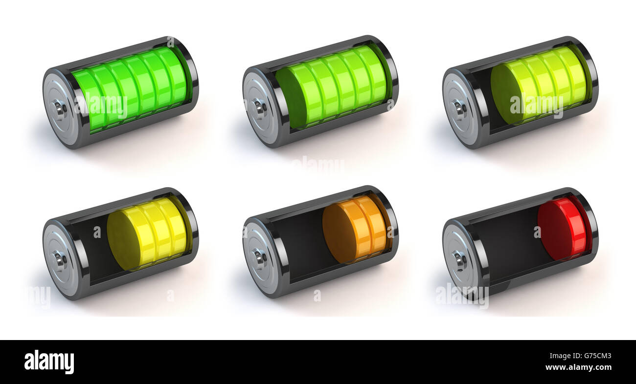 Lo stato di carica della batteria isolato su bianco. Indicatore di livello, concetto energetico. 3d illustrazione Foto Stock