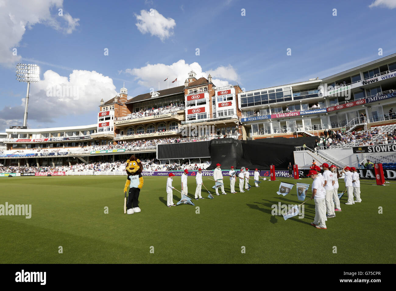 Cricket - NatWest T20 Blast - South Division - Surrey / Hampshire - The Kia Oval. Le bandiere dell'onda della mascotte poichè forniscono una guardia di onore per i giocatori Foto Stock