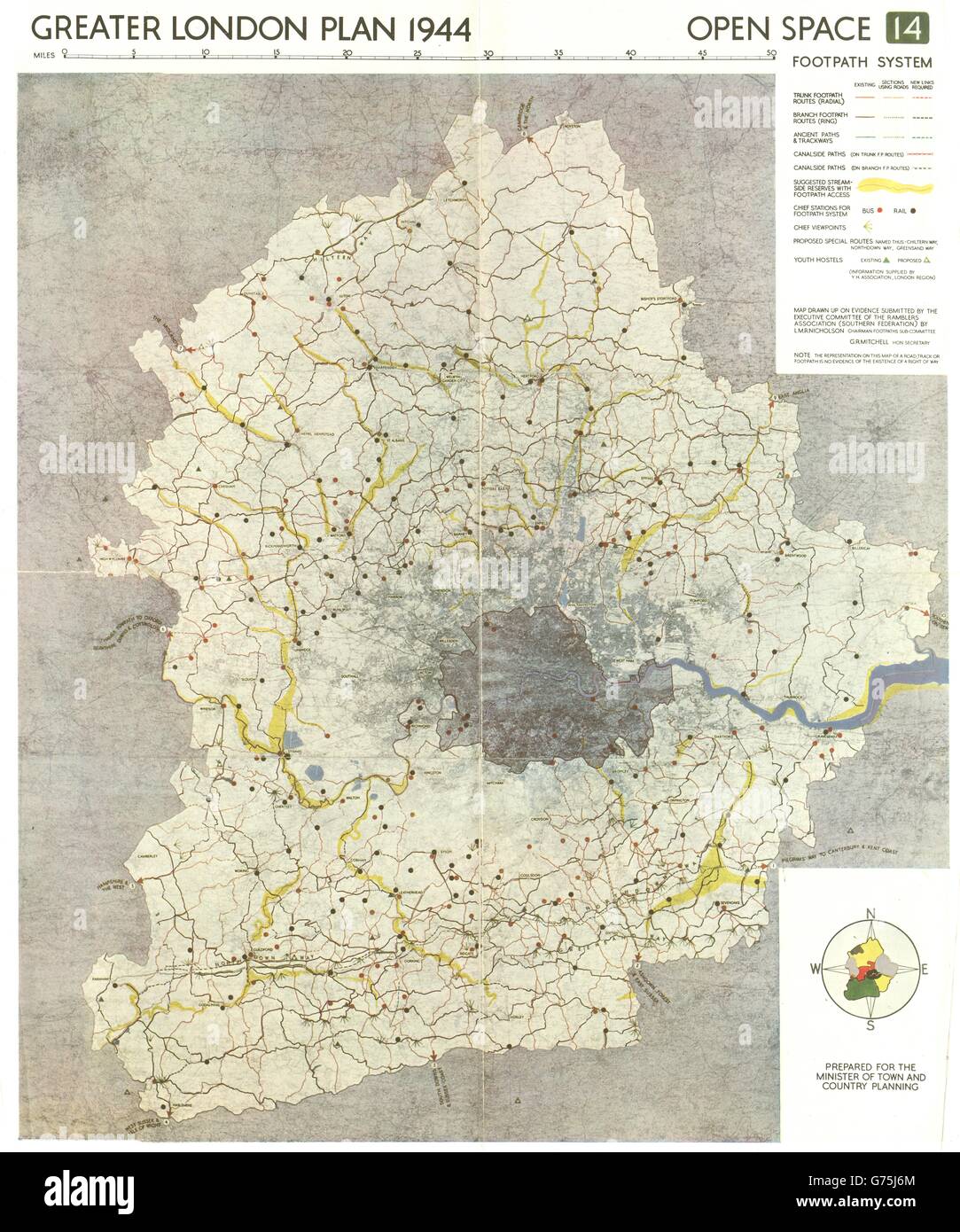 GREATER LONDON PLAN. Spazio aperto il sentiero sistema. ABERCROMBIE, 1944 Vintage map Foto Stock