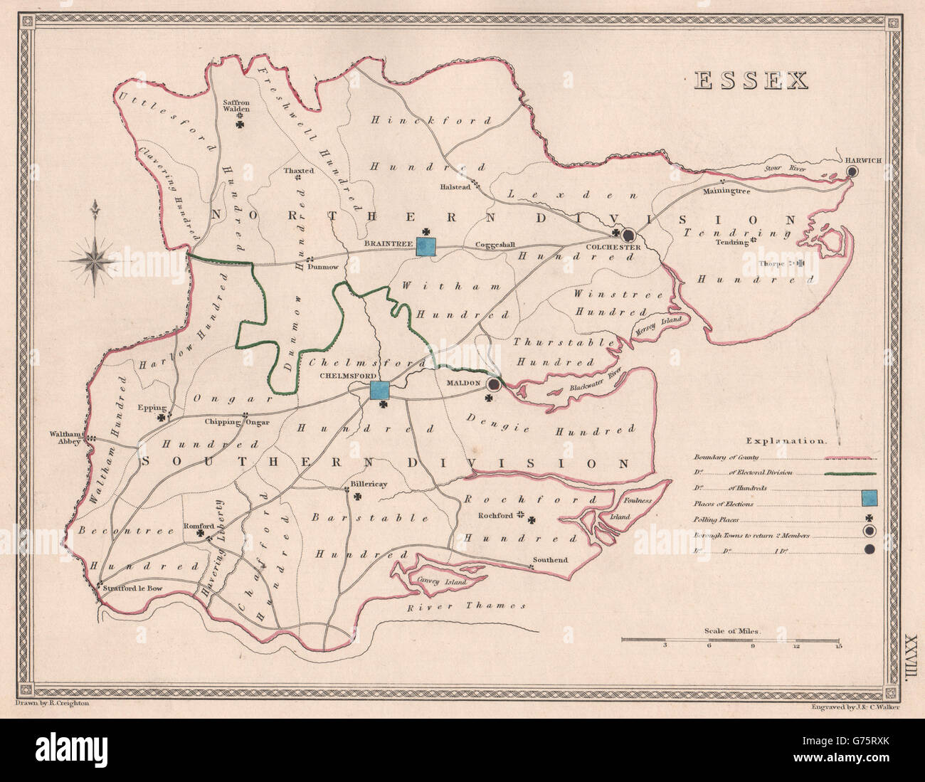 Antiquariato Essex County map da CREIGHTON/Walker. , Elettorale 1835 Foto Stock