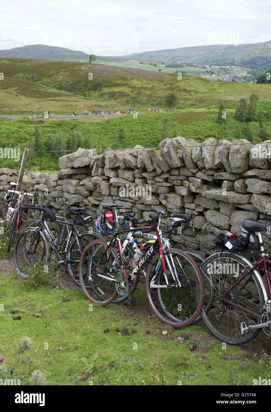 Ciclismo - Tour de France - prima tappa - da Leeds ad Harrogate. Gli spettatori aspettano che il peloton arrivi al mattino su Grinton Moor, Yorkshire Foto Stock