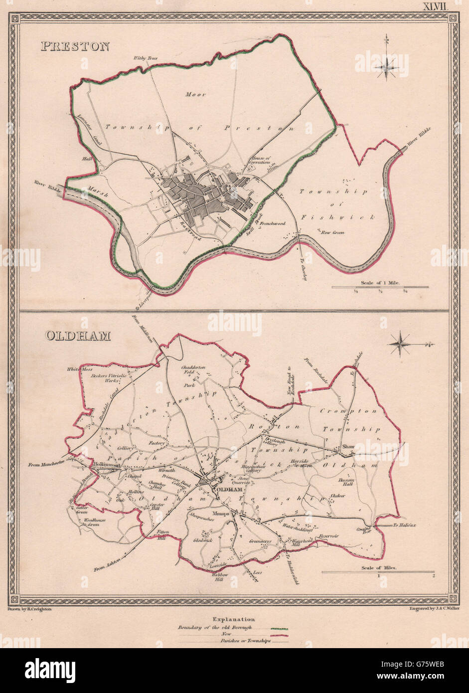 Città del Lancashire. Preston Oldham borough piani. CREIGHTON/Walker, 1835 mappa vecchia Foto Stock