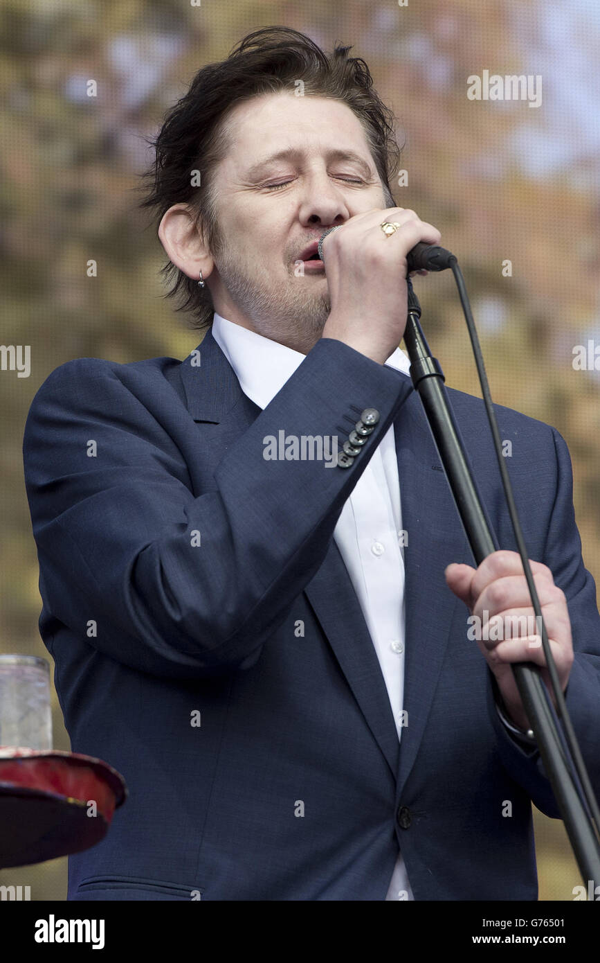 Shane MacGowan cantante dei Pogues mentre la band si esibisce al Barclaycard British Summer Time Festival di Hyde Park, Londra. Foto Stock